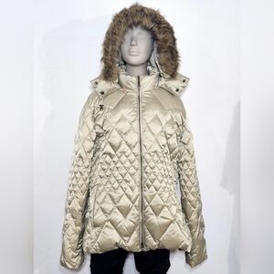 Roper Women's Beige Quilted Puffer Jacket with Faux Fur Hood Down Plumes XL